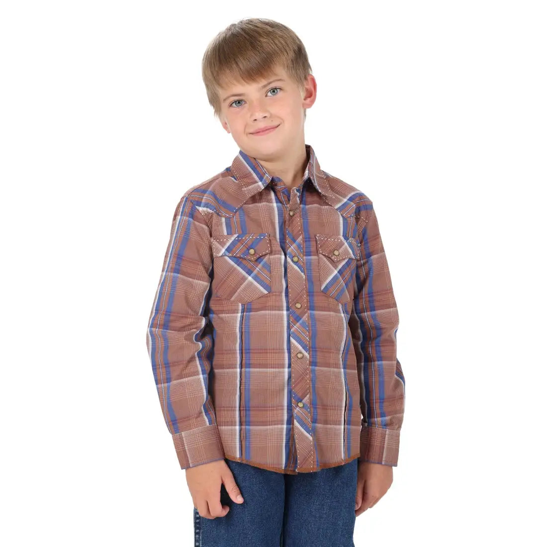 $10: Wrangler Boy’s Brown With Blue Plaid Western Shirt XLarge Sale Boy’s Western