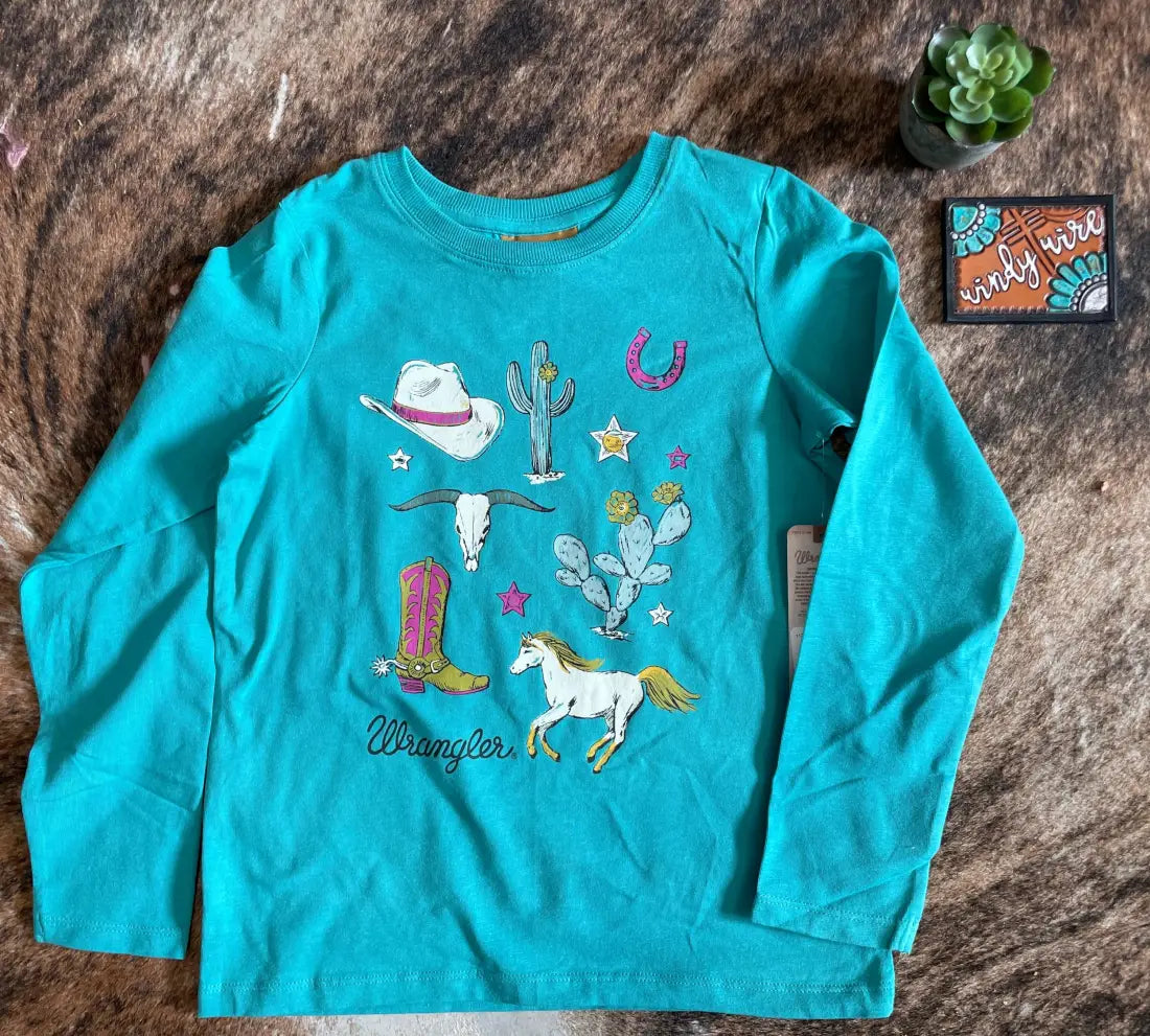 $10: Wrangler Girl’s Western Theme Teal Long Sleeve T-Shirt Sale Girl’s T-Shirt