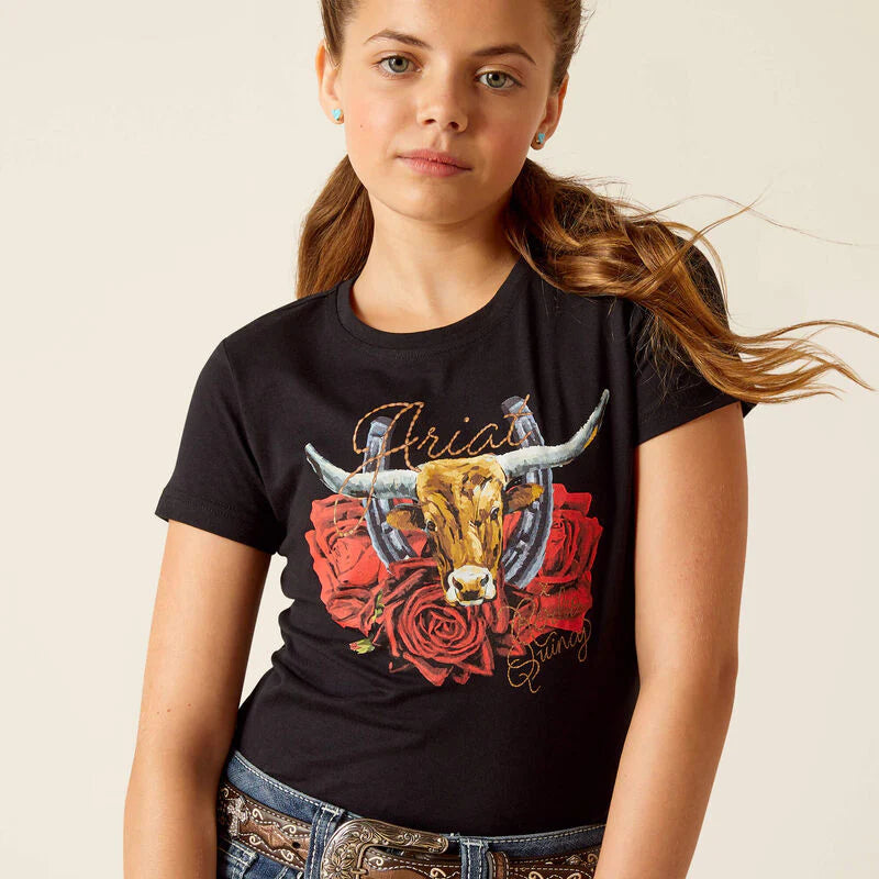 Ariat Girl's Black Steer Rodeo Quincy T-Shirt