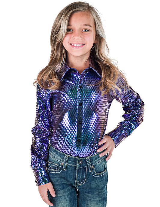 Cowgirl Tuff Girl's Purple & Teal Foil Metallic Western Shirt