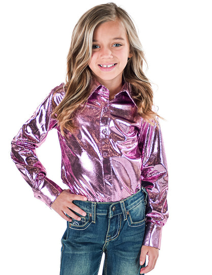 Cowgirl Tuff Girl's Pink Mist Pebble Foil Metallic Western Shirt