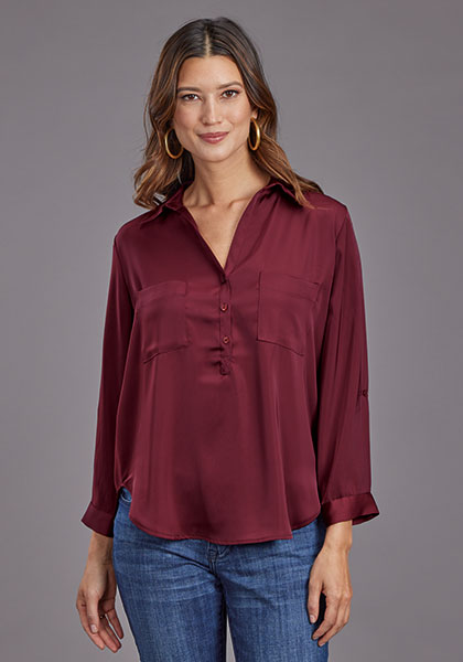 Stetson Women's Wine Satin ¾ Sleeve Blouse