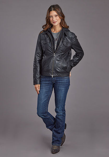 Stetson Women's Black Leather Jacket w/ Removable Hooded Lining