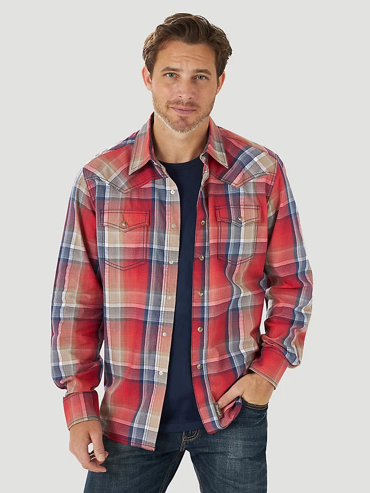 Wrangler Men's Big & Tall Retro Red, Blue, & Tan Plaid Western Shirt