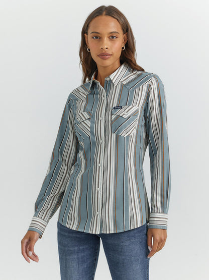 Wrangler Women's Retro Blue/Gray & Chestnut Stripe Western Shirt