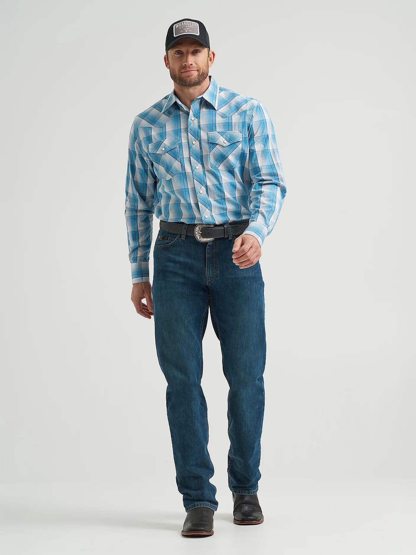 Wrangler Men's Big & Tall Blue White Plaid 20X Competition Western Shirt