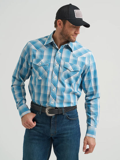 Wrangler Men's Big & Tall Blue White Plaid 20X Competition Western Shirt