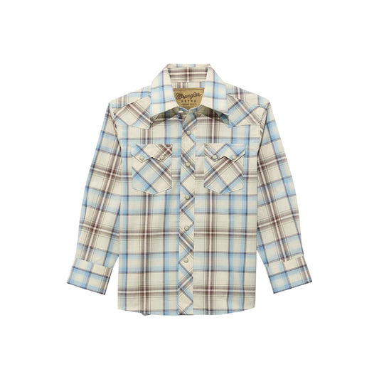 Wrangler Boy's Retro Ecru/Blue Plaid Western Shirt