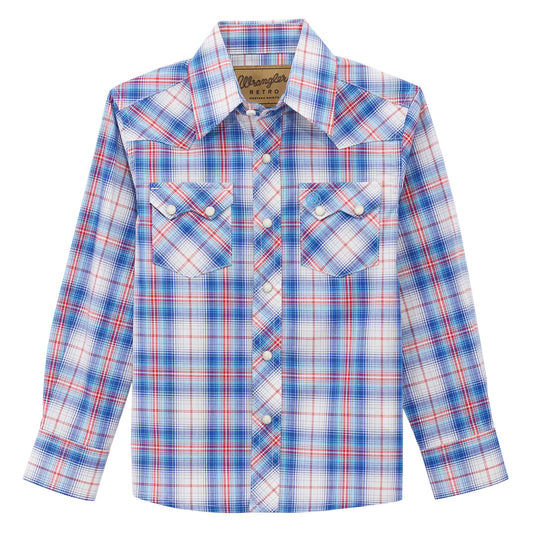 Wrangler Boy's Blue/Red Plaid Retro Western Shirt