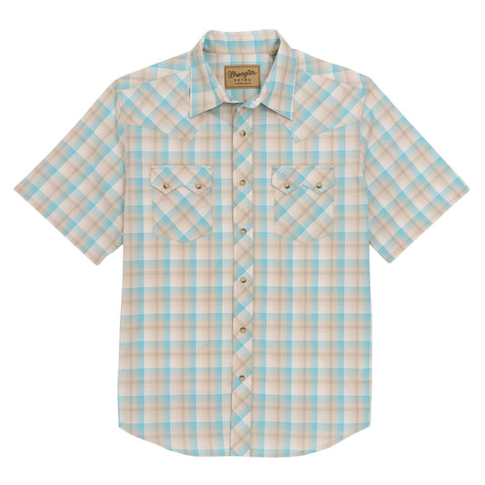 Wrangler Men's Tan/Turquoise Plaid Retro Short Sleeve Western Shirt