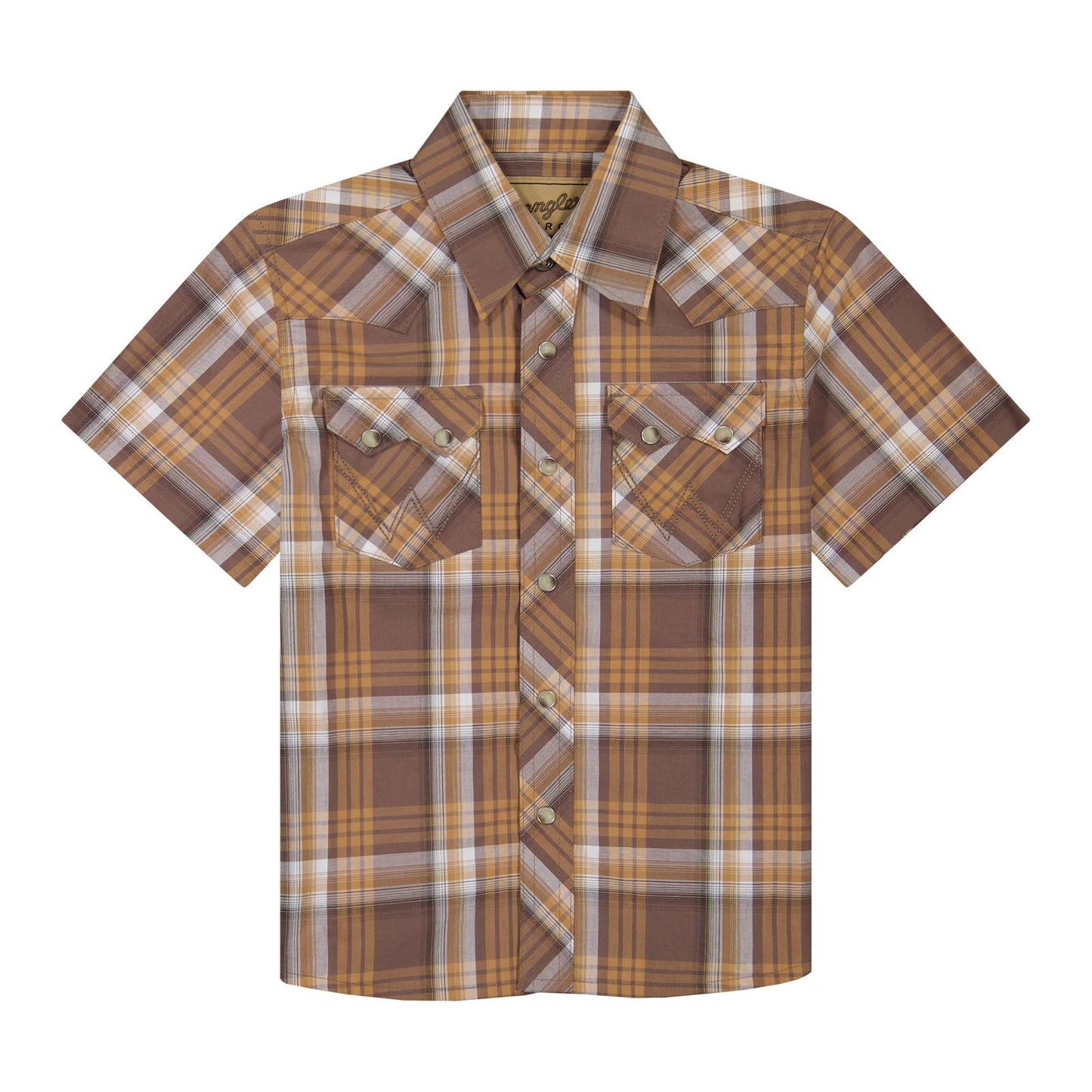 Wrangler Boy's Brown Plaid Retro Short Sleeve Western Shirt
