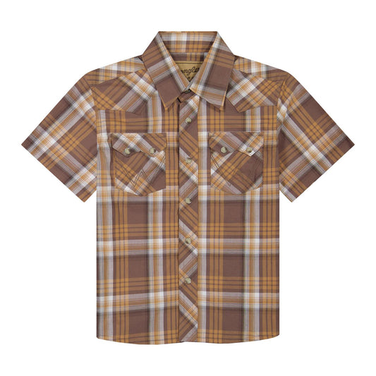 Wrangler Boy's Brown Plaid Retro Short Sleeve Western Shirt