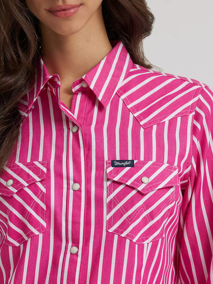 Wrangler Women's Pink Stripe Olivia Western Slim Snap Shirt