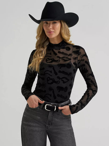 Wrangler Women's Black Sheer Mock Neck Top