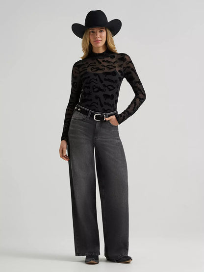 Wrangler Women's Black Sheer Mock Neck Top