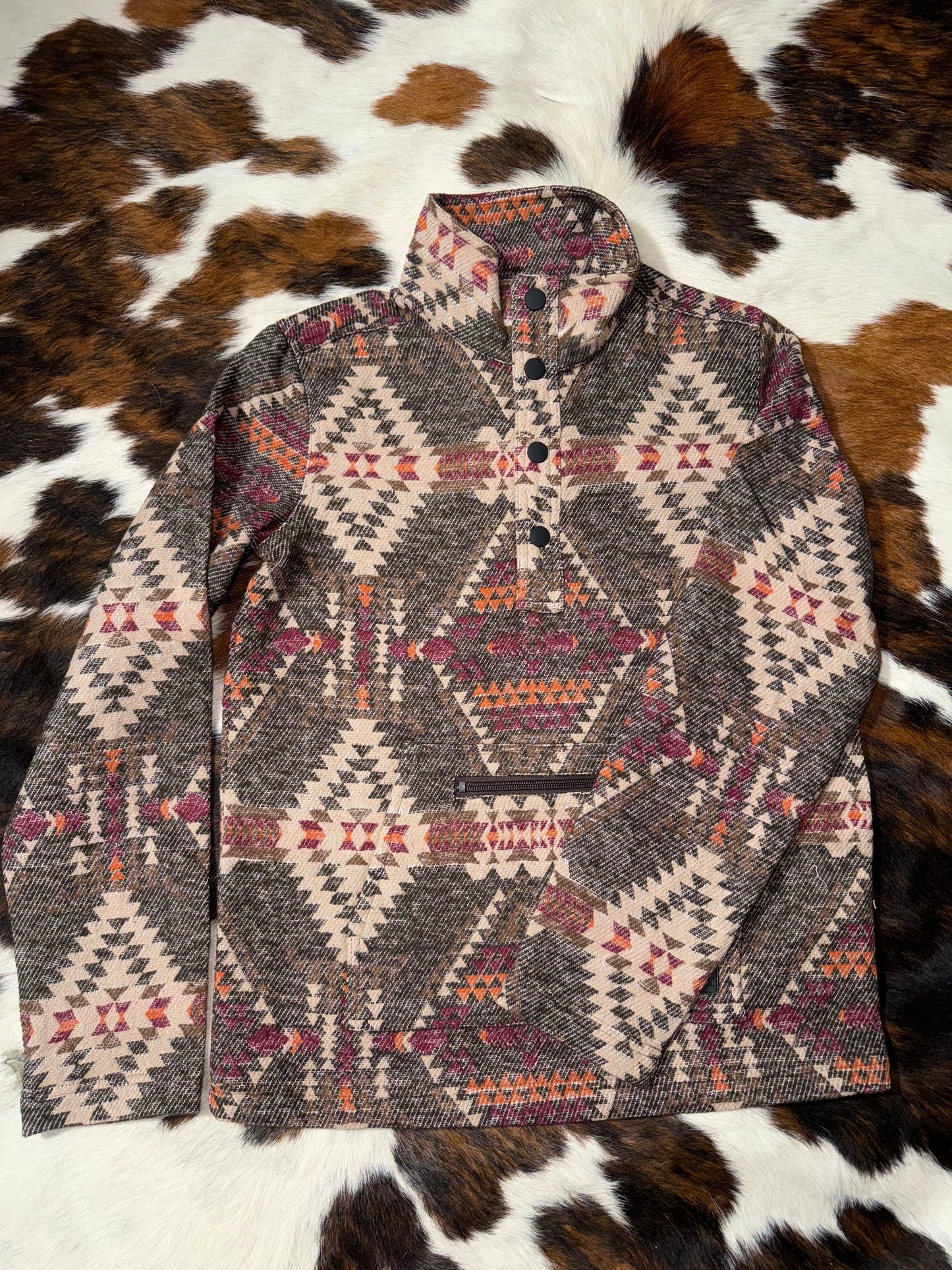 Rock & Roll Boy's Brown & Mulberry Henley Aztec Jacquard Pullover