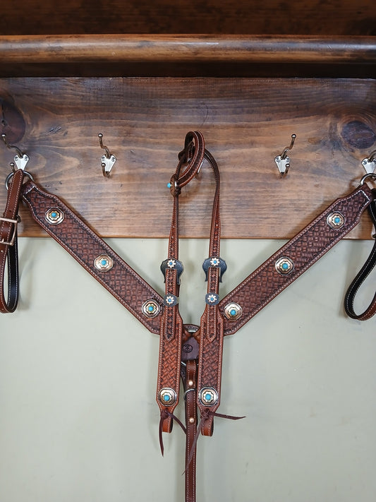 Rafter S. "Bronze Flowers with Turquoise Dots" Tack Set