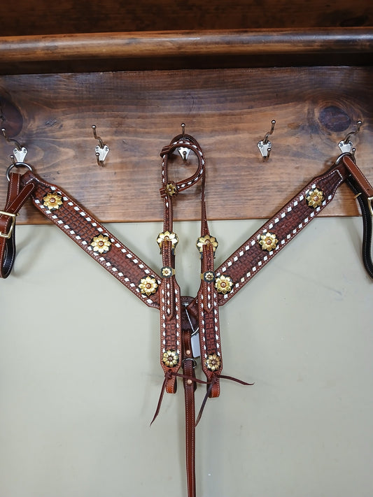 Rafter S. "Gold & Copper Flower with White Buckstitch" Tack Set