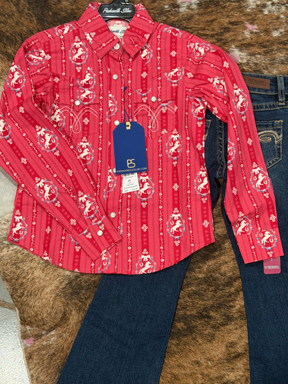 Panhandle Girls' Pink Horse Print Western Shirt