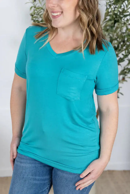 $15: Michelle Mae Women’s Sophie Pocket T-Shirt Aqua / XLarge Sale Women’s T-Shirt