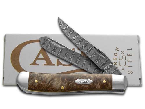 Case Natural Maple Burl Wood Ladder Damascus Mini Trapper Knife