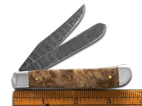 Case Natural Maple Burl Wood Ladder Damascus Mini Trapper Knife