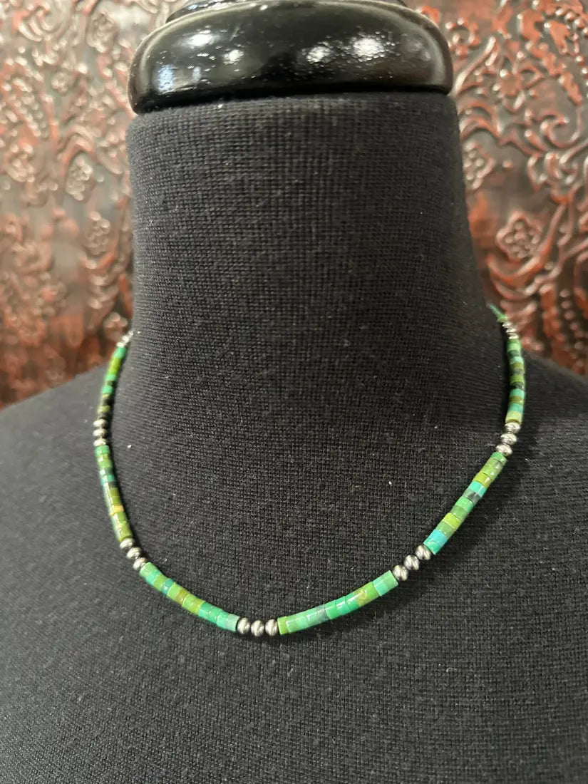 18’’ Green Turquoise Necklace with Spaced Navajo Pearls 6mm Pearl Jewelry