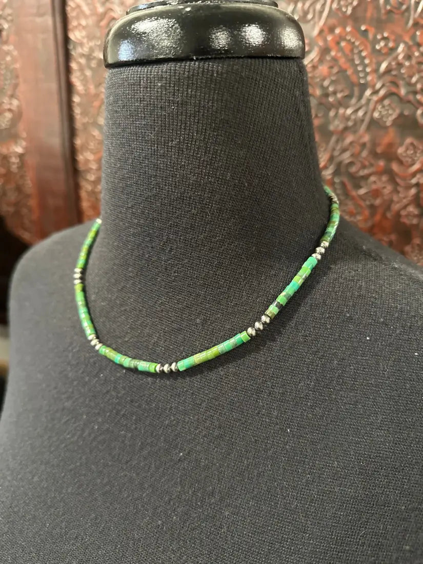 18’’ Green Turquoise Necklace with Spaced Navajo Pearls Jewelry