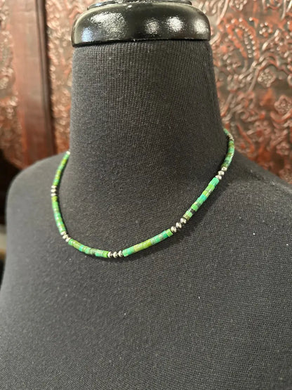 18’’ Green Turquoise Necklace with Spaced Navajo Pearls Jewelry