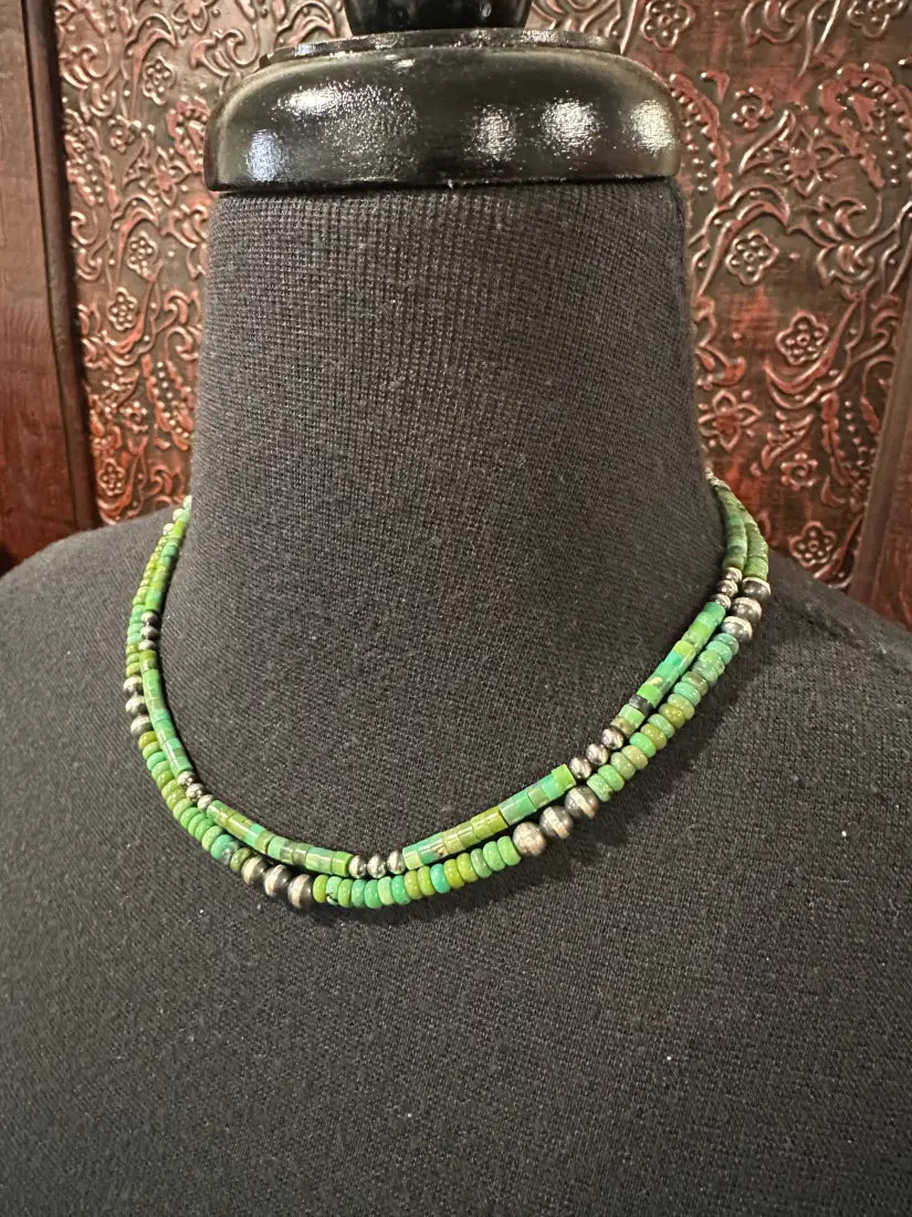 18’’ Green Turquoise Necklace with Spaced Navajo Pearls Jewelry