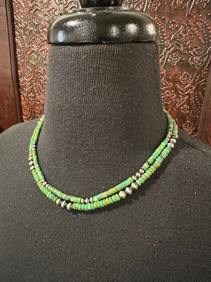 18’’ Green Turquoise Necklace with Spaced Navajo Pearls Jewelry