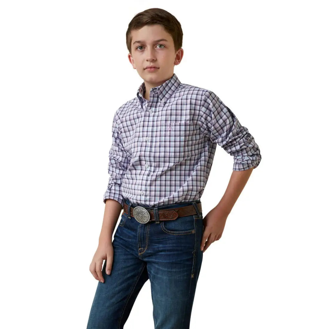 $19: Ariat Boy’s Pro Series Purple Plaid Meir Western Shirt XLarge Sale Boy’s Western