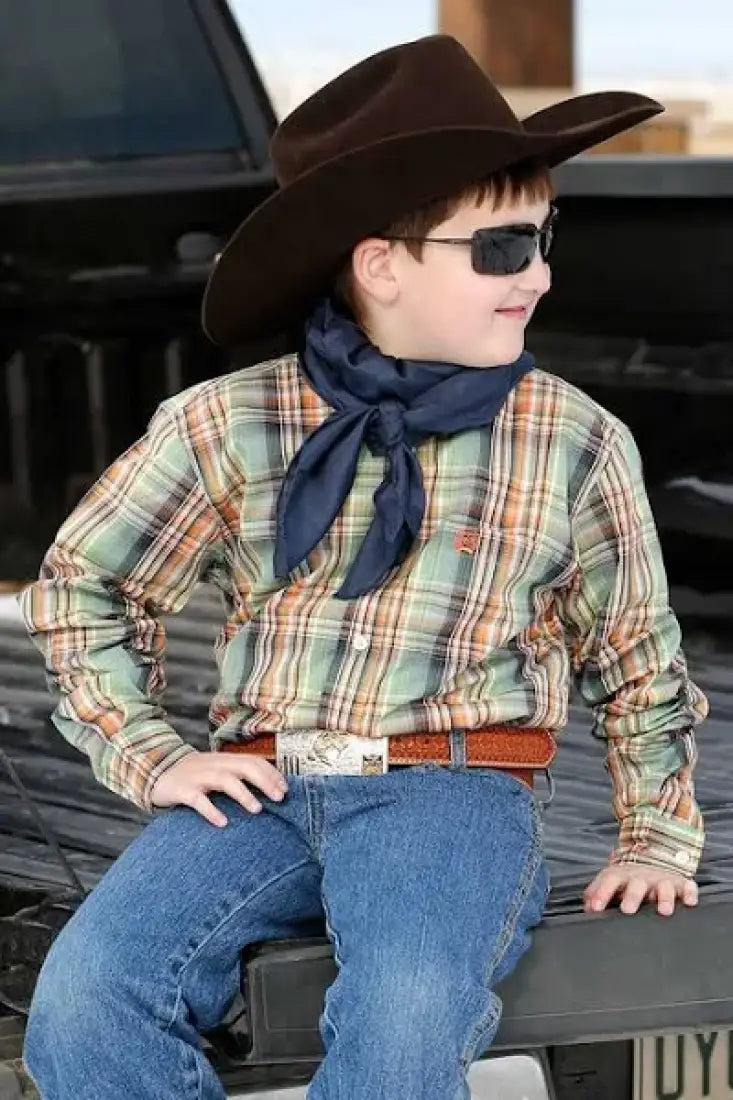 $19: Cinch Boy’s Green & Orange Plaid Western Shirt Small Sale Boy’s Western
