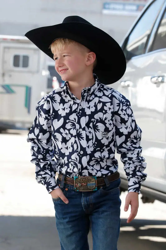 $19: Cinch Boy’s Navy Hawaiian Flower Western Shirt Small Sale Boy’s Western