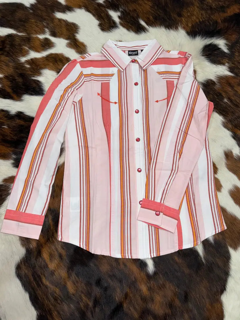 $19: Cruel Girl’s Pink & Orange Striped Western Shirt XSmall Sale Girl’s Western