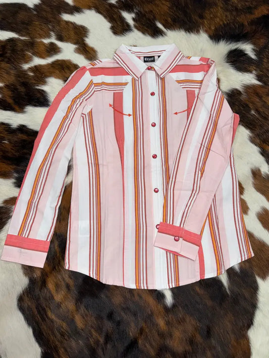 $19: Cruel Girl’s Pink & Orange Striped Western Shirt XSmall Sale Girl’s Western