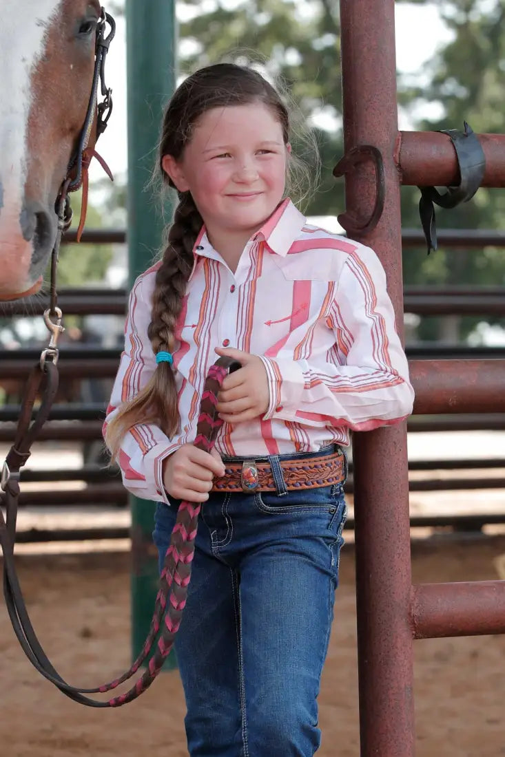 $19: Cruel Girl’s Pink & Orange Striped Western Shirt XSmall Sale Girl’s Western