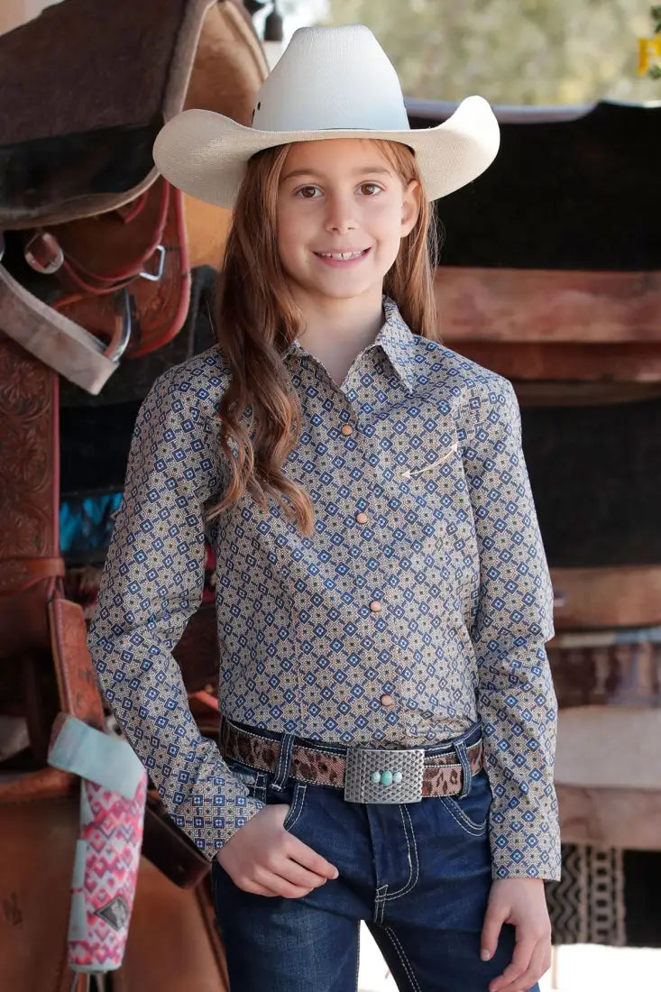 $19: Girl’s Blue & Light Orange Diamond Western Shirt Sale Girl’s Western