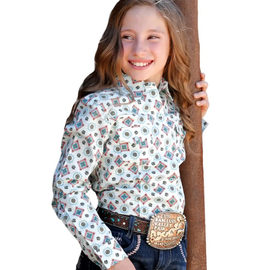 $19: Girl’s Blue & White Geometric Western Shirt Sale Girl’s Western