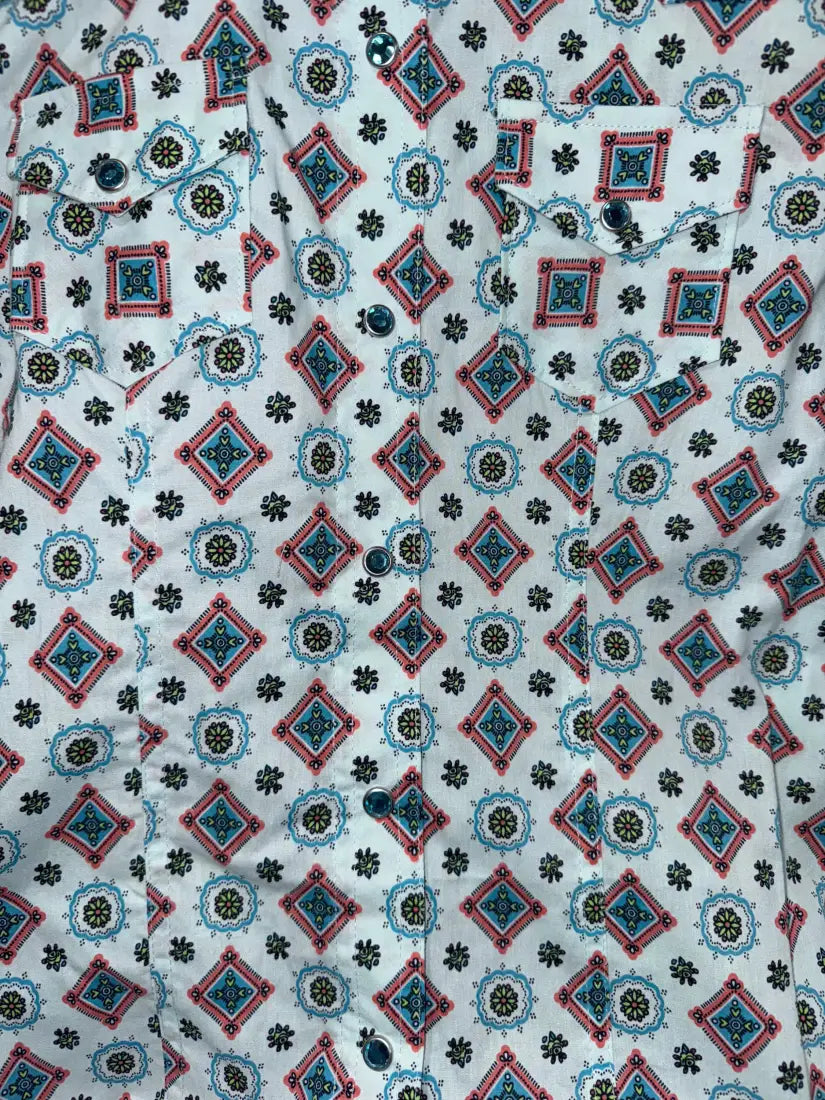 $19: Girl’s Blue & White Geometric Western Shirt XSmall Sale Girl’s Western