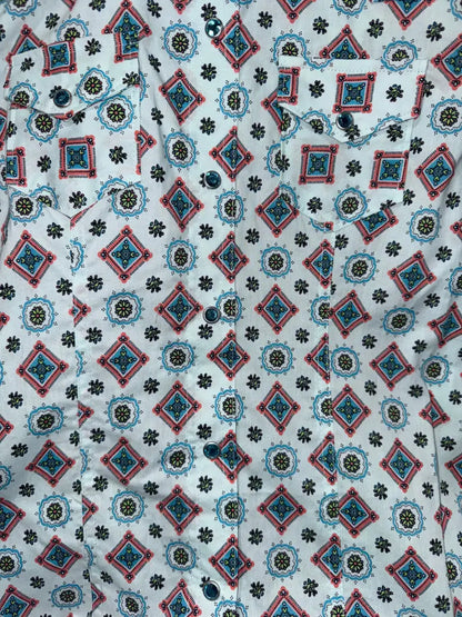 $19: Girl’s Blue & White Geometric Western Shirt XSmall Sale Girl’s Western