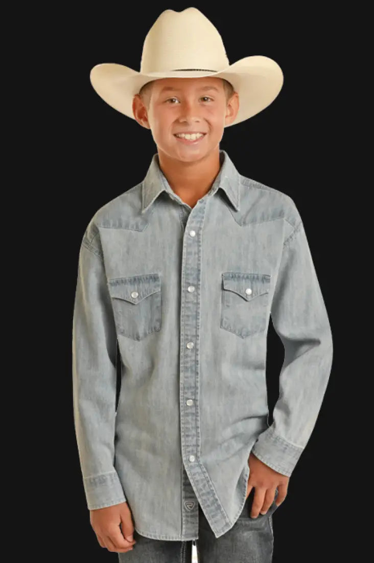 $19: Rock & Roll Boy’s Light Wash Denim Western Shirt Medium Sale Boy’s Western