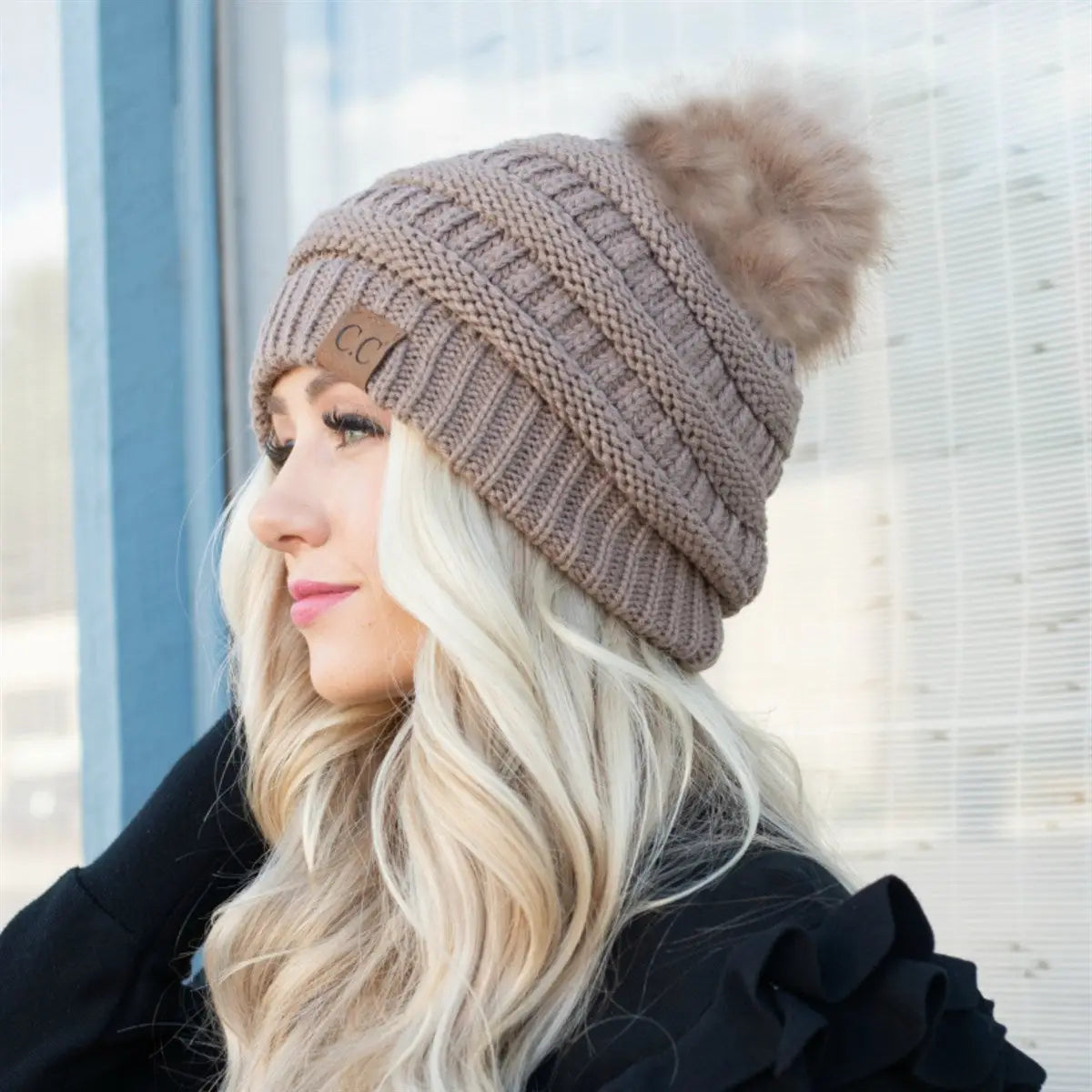 C.C Beanie with Faux Fur Pom