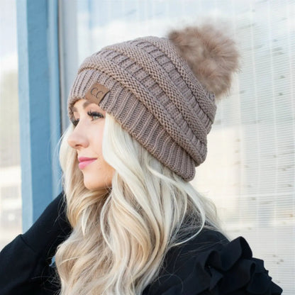 C.C Beanie with Faux Fur Pom