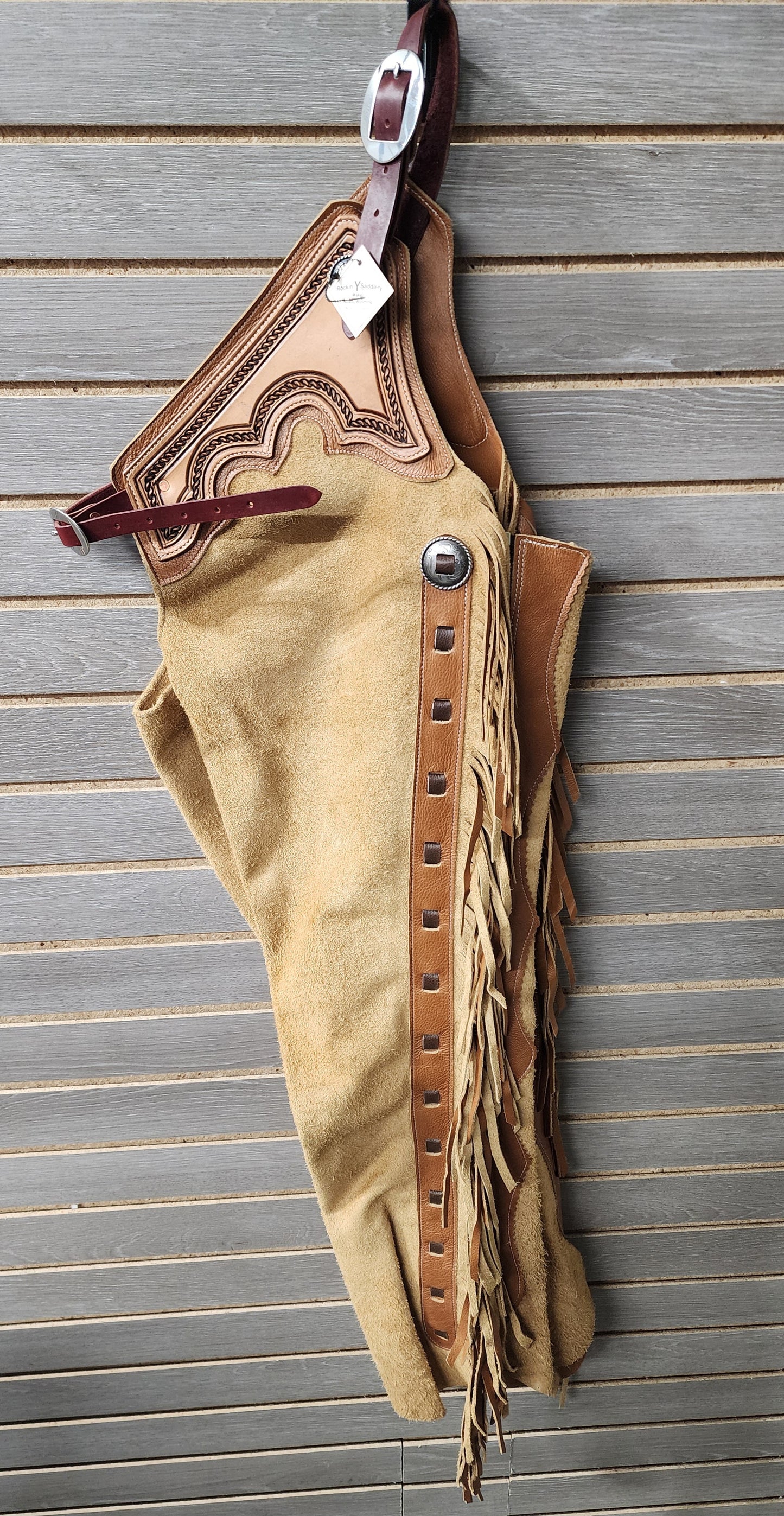 Rockin' Y Adult Leather Shotgun Chaps - Roughout (#1)