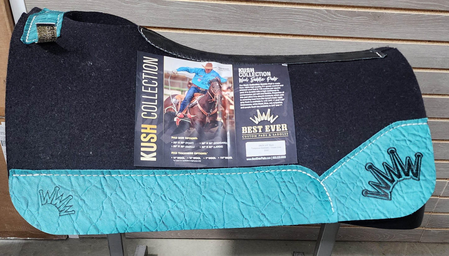 Best Ever Black Kush Saddle Pad - Turquoise Elephant Black Crown (3/4" thick, 28"x28")