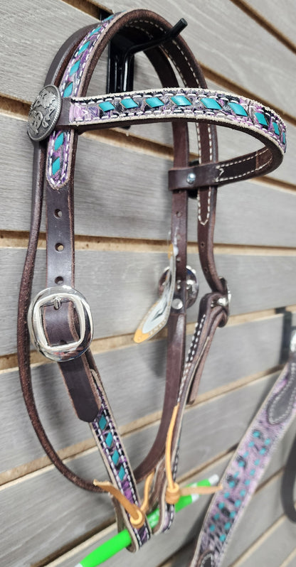 San Saba Pony Purple Gator & Turquoise Buckstitch Tack Set