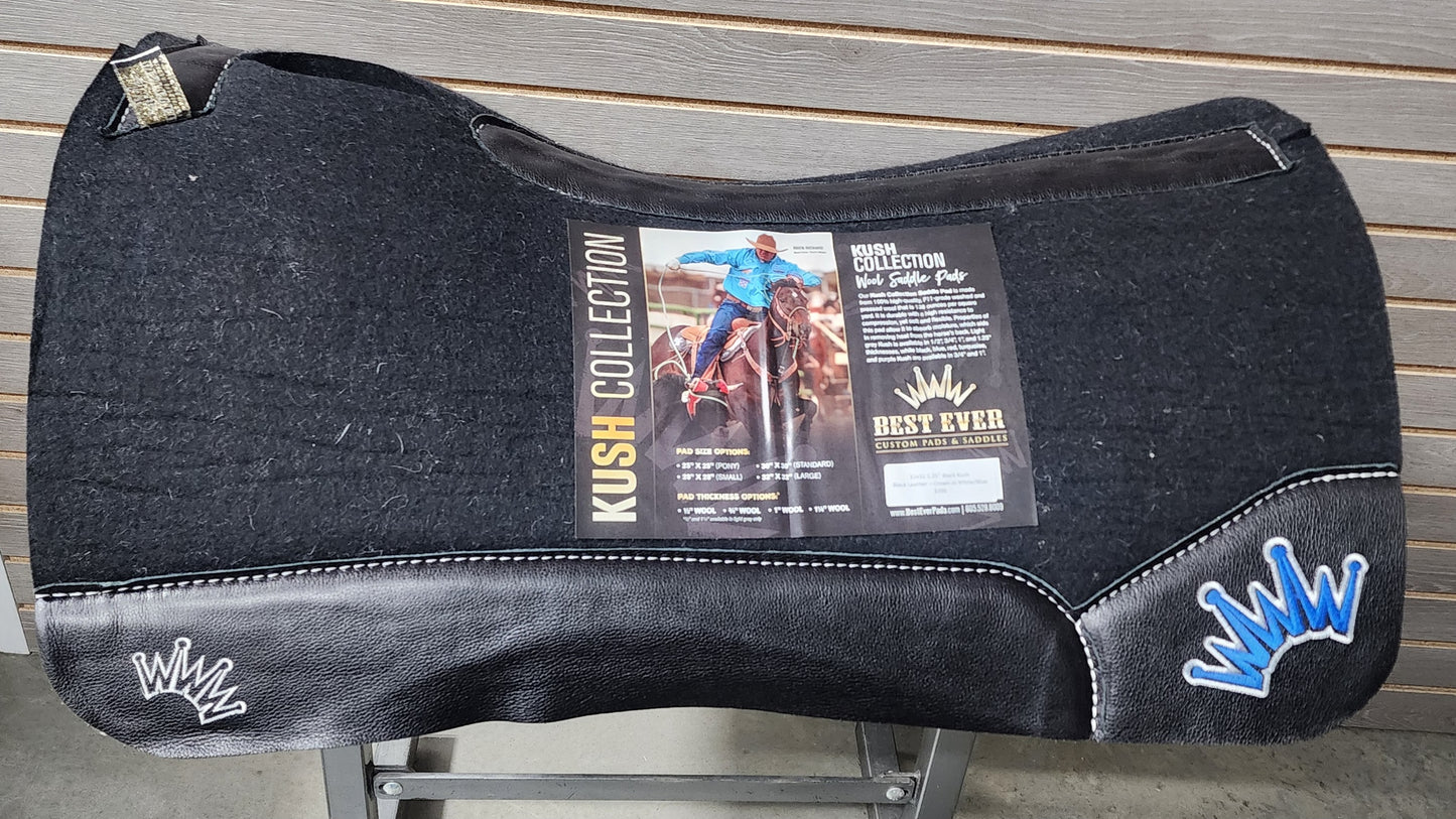 Best Ever Black Kush Saddle Pad - Black Leather White/Blue Crown (1.25" thick, 32"x32")