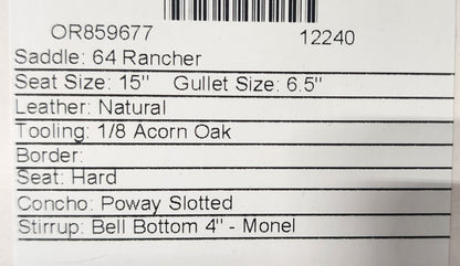 Used. Martin 15" Ranch Saddle #12240