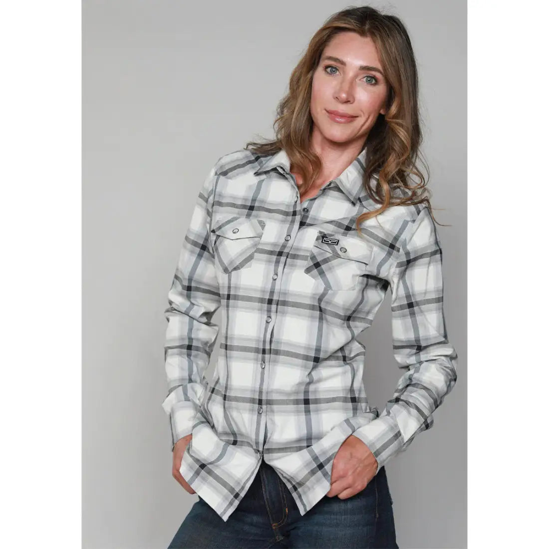 Kimes Ranch Ladies Matadora Plaid Western Shirt Large / Grey Sale Women’s Western